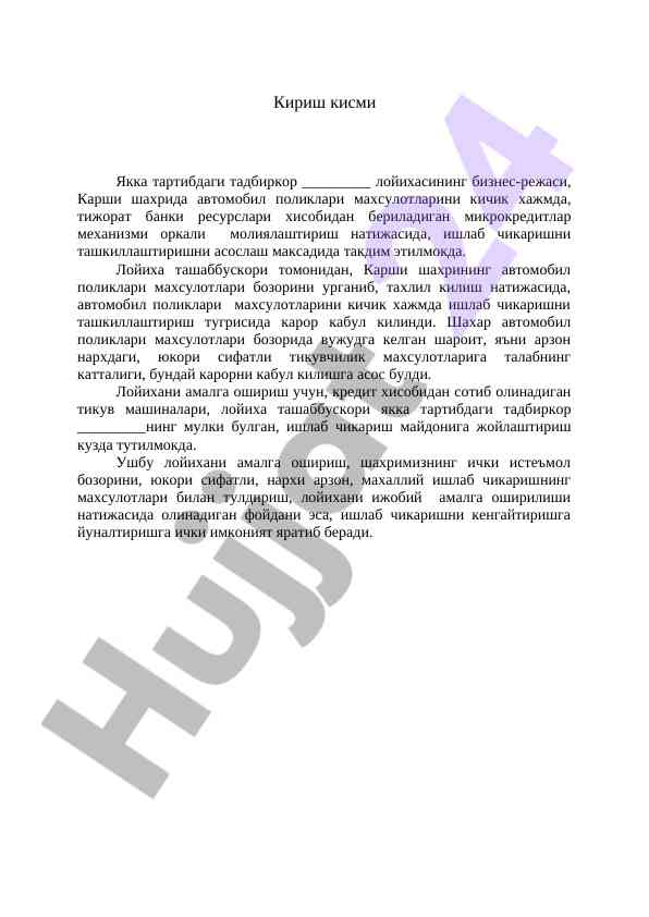 Avtomobil poliklari mahsulotlari biznes-rejasi