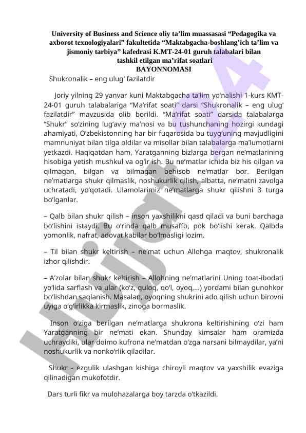 Shukronalik - eng ulug fazilat dars ishlanmasi