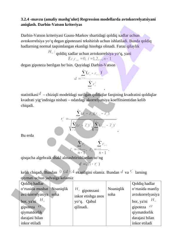 Regression modellarda avtokorrelyatsiyani aniqlash