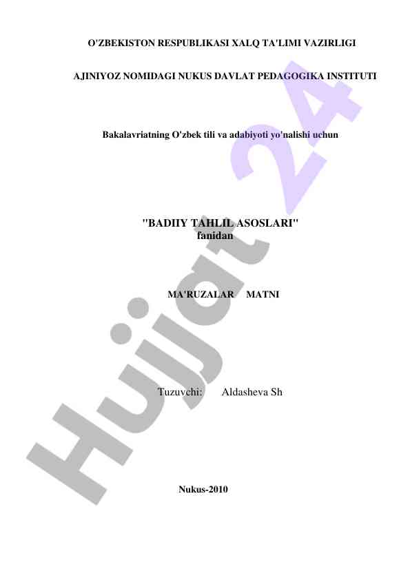 Badiiy tahlil asoslari fanidan ma'ruzalar matni