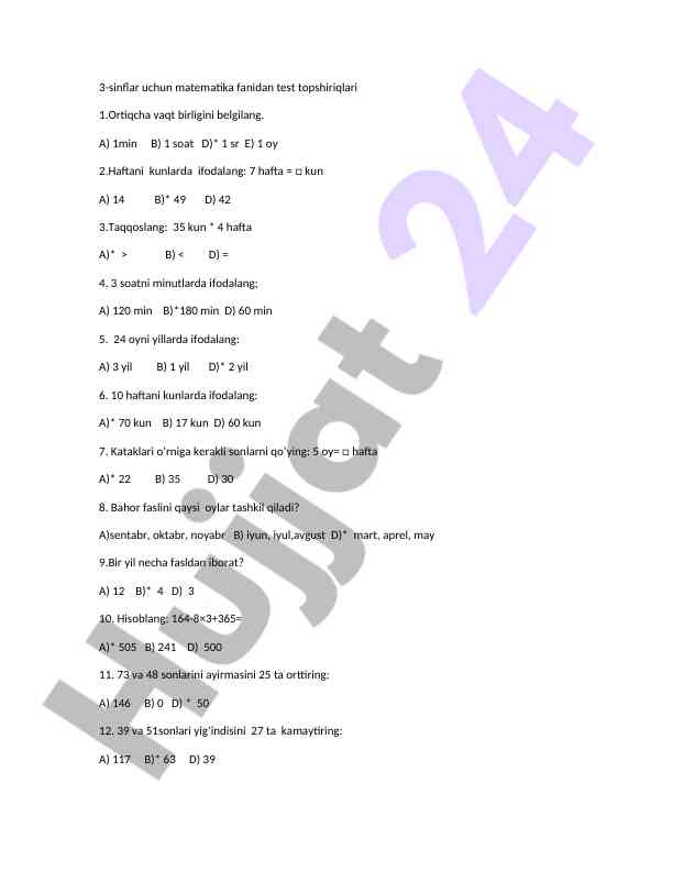Matematika fanidan test topshiriqlari 3-sinflar uchun