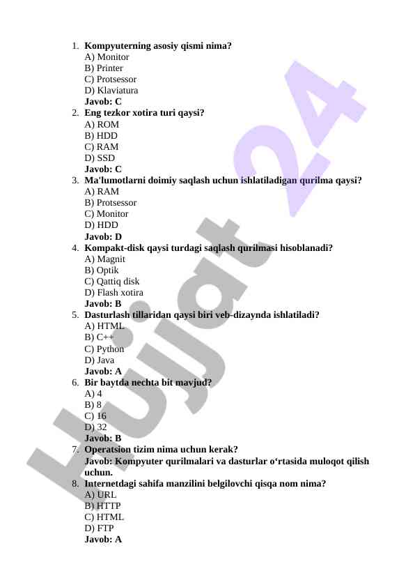 Asosiy kompyuter qismlari va dasturlar testi