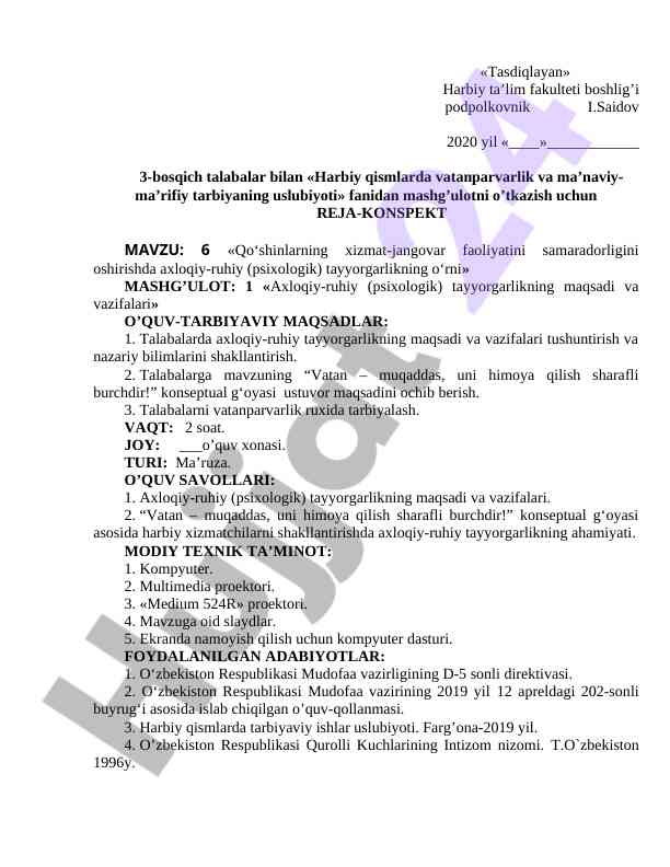 Harbiy qismlarda vatanparvarlik tarbiyasi reja