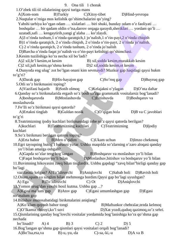 O’zbek tili 1 chorak savollari