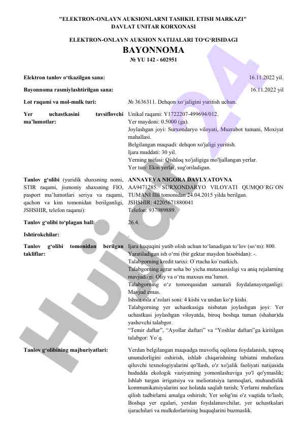 Elektron onlayn auksion natijalari bayonnomasi