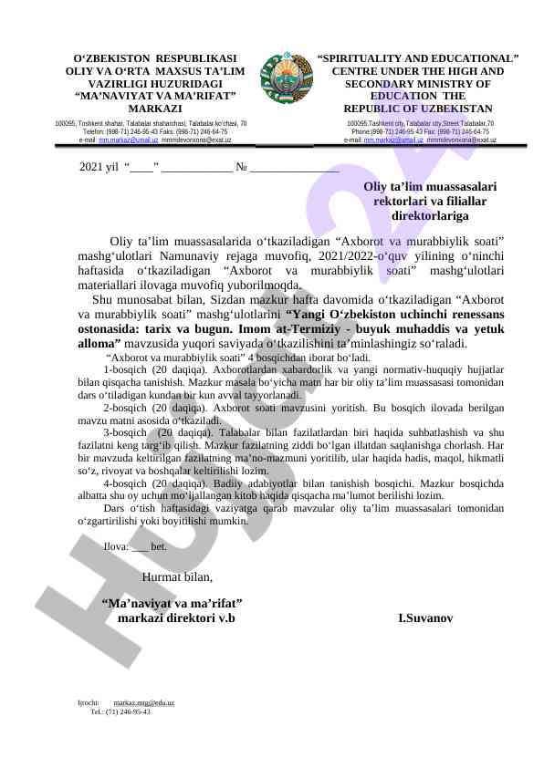 Axborot va murabbiylik soati mashg‘ulotlari reja