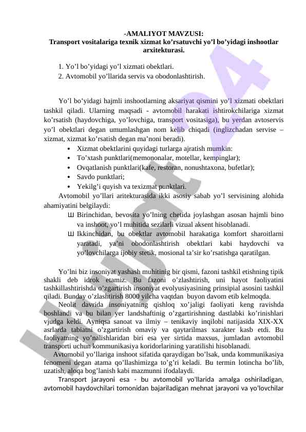 Transport vositalariga texnik xizmat arxitekturasi