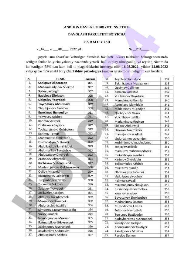 Tibbiy psixologiya fanidan qayta topshirish tartibi