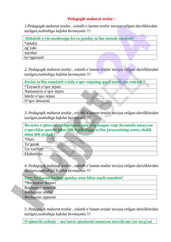 Pedagogik Mahorat Testlari