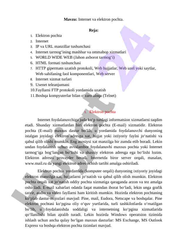 Internet va elektron pochta dars rejasi