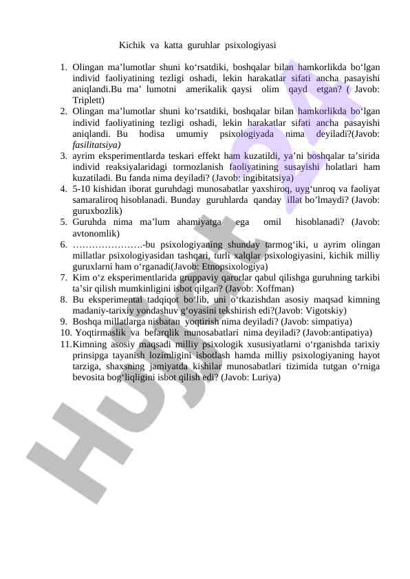 Kichik va katta guruhlar psixologiyasi haqida