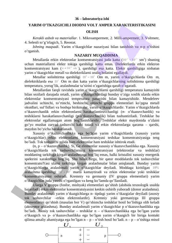 Yarim o’tkazgichli diodni volt amper xaraktersitikasi