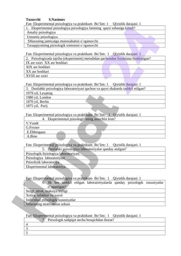 Eksperimental psixologiya va praktikum savollari