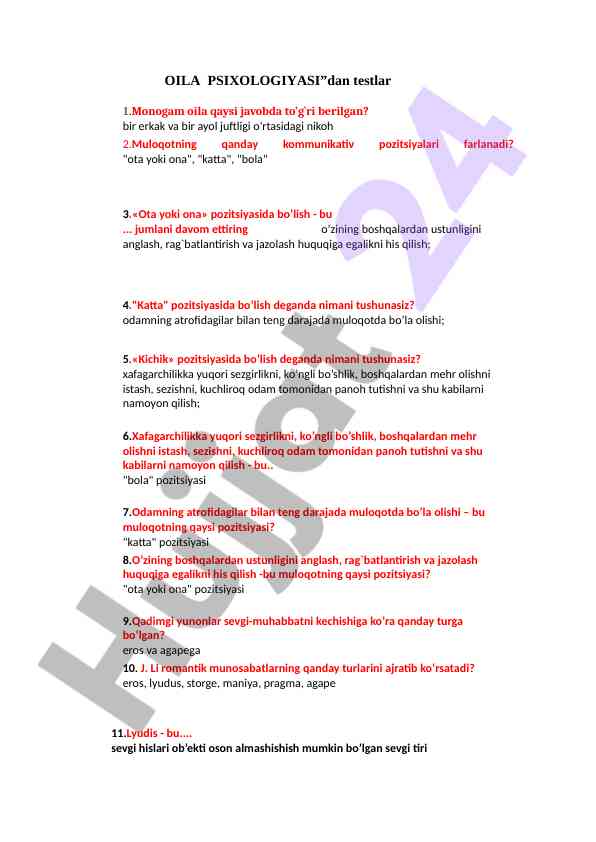 Oila psixologiyasi testlari
