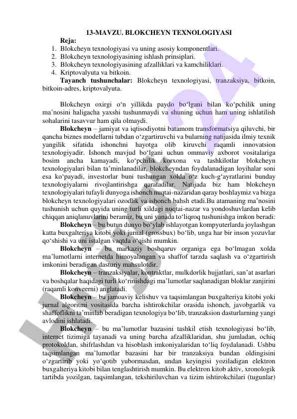Blokcheyn texnologiyasi va uning asosiy komponentlari