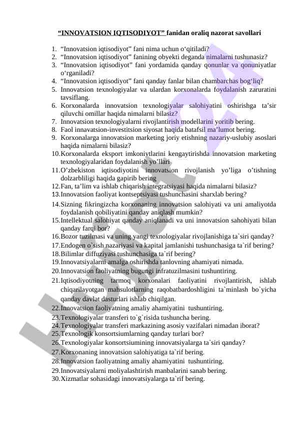 Innovatsion iqtisodiyot fanidan oraliq nazorat savollari