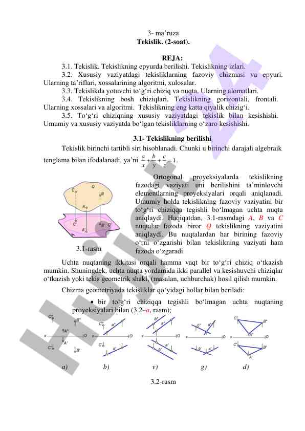 Tekislik: berilishi va fazoviy vaziyatlar