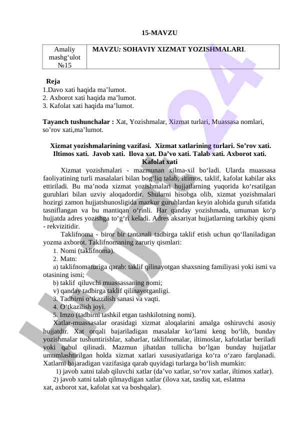 Sohaviya xizmat yozishmalari bo'yicha amaliy mashg'ulot