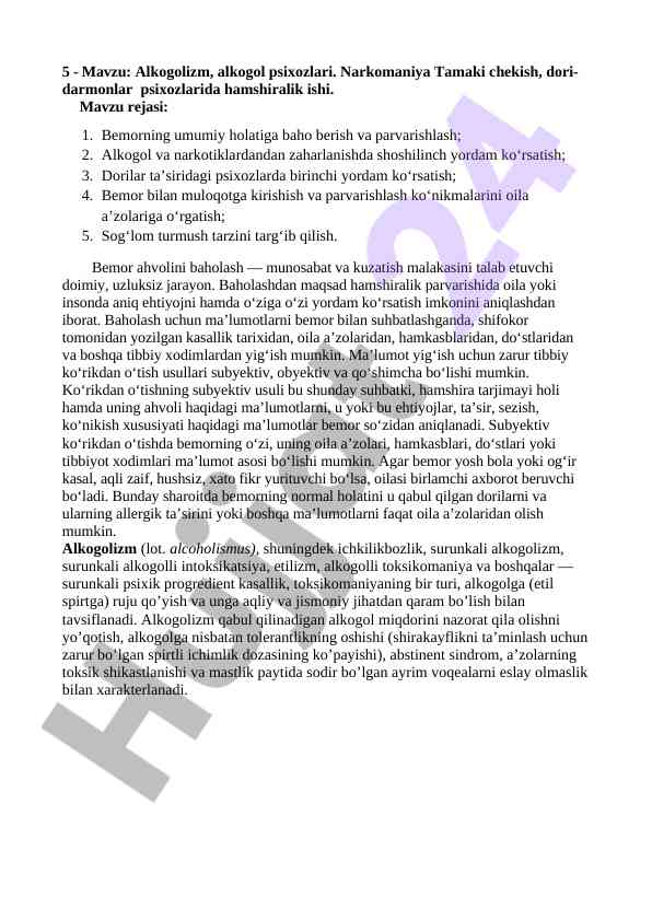 Alkogolizm va narkomaniya bemorlariga hamshiralik yordami