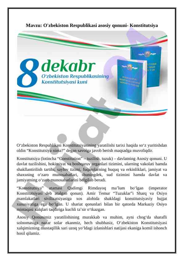 O'zbekiston respublikasi konstitutsiyasining tarixi
