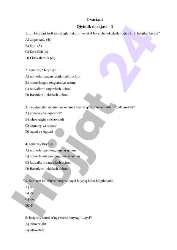 Latex buyruqlari bo'yicha test savollari