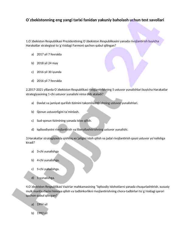 O'zbekiston tarixi fanidan test savollari