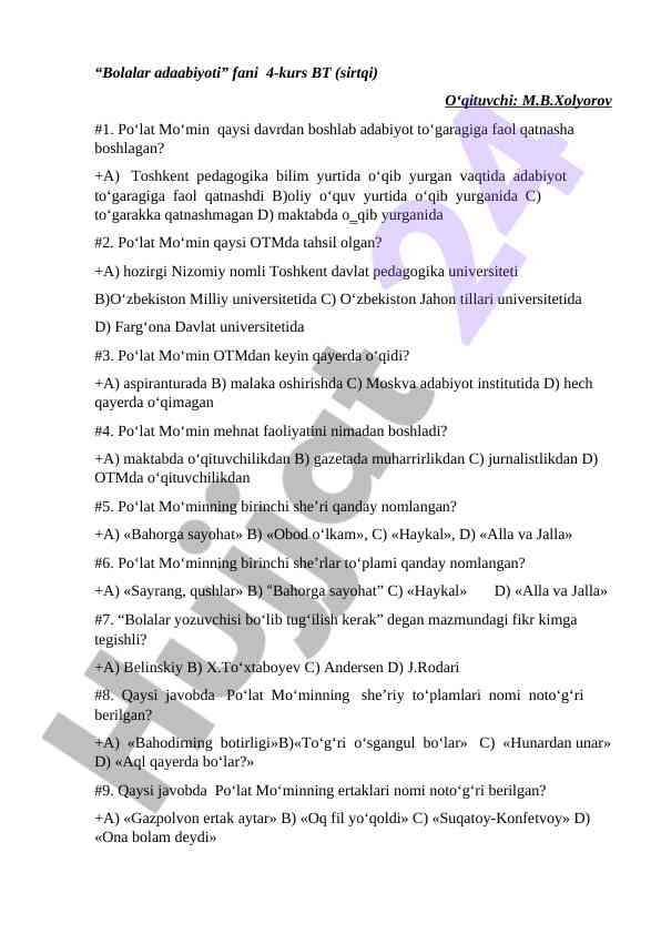 Bolalar adabiyoti fanidan test savollari