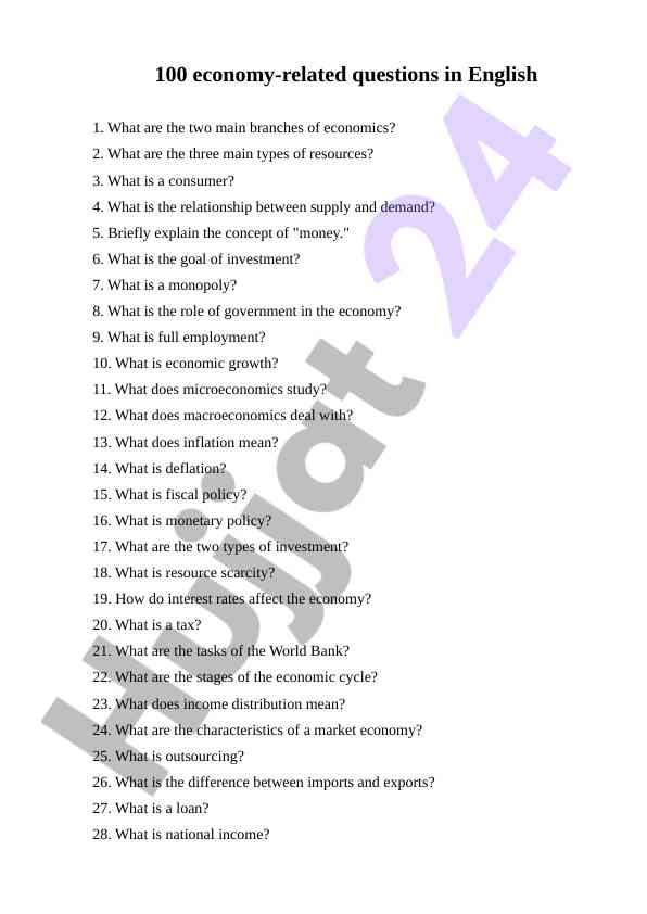 100 economy-related questions for students