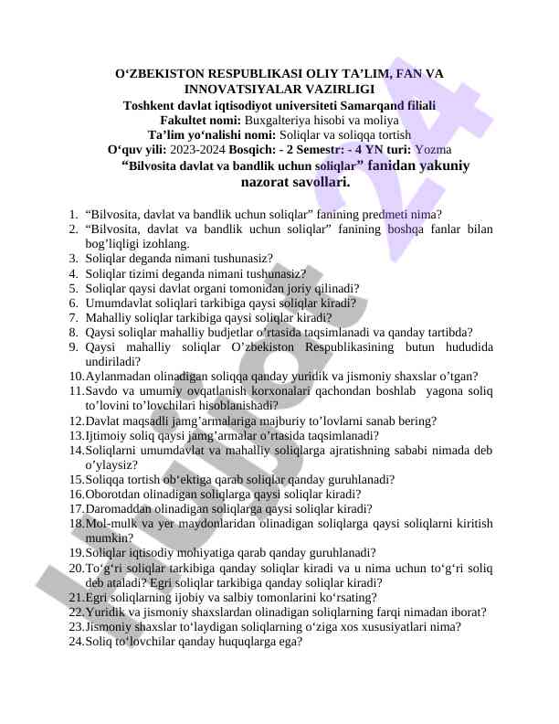 Bilvosita davlat va bandlik uchun soliqlar savollari