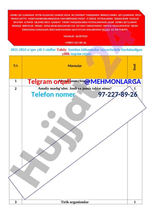Tabiiy fanlardan ishlanmalarga yillik taqvim rejasi