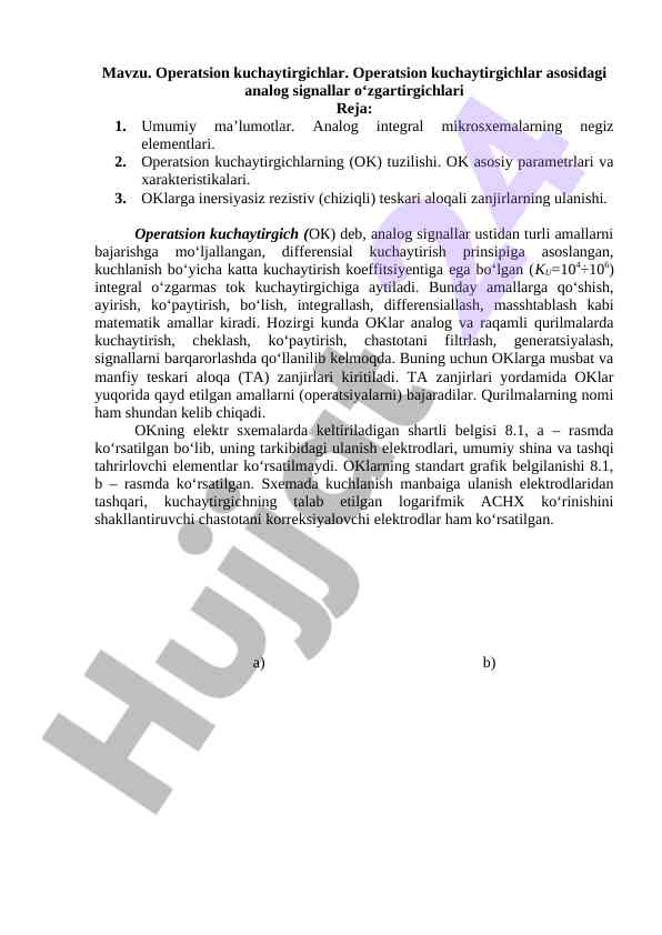 Operatsion kuchaytirgichlar asoslari va xususiyatlari
