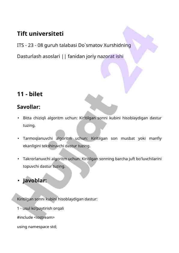 Dasturlash asoslari joriy nazorat ishlari