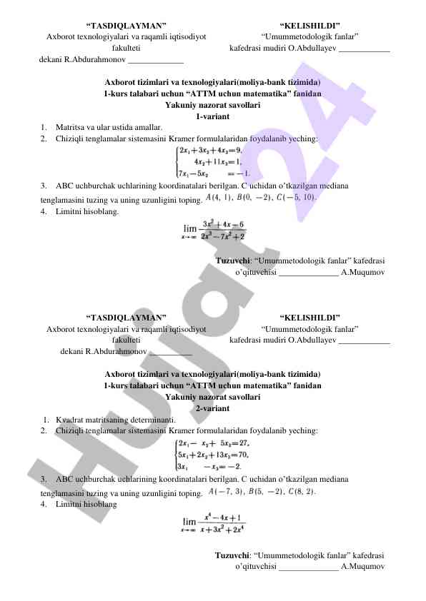 Attm uchun matematika fanidan yakuniy nazorat savollari