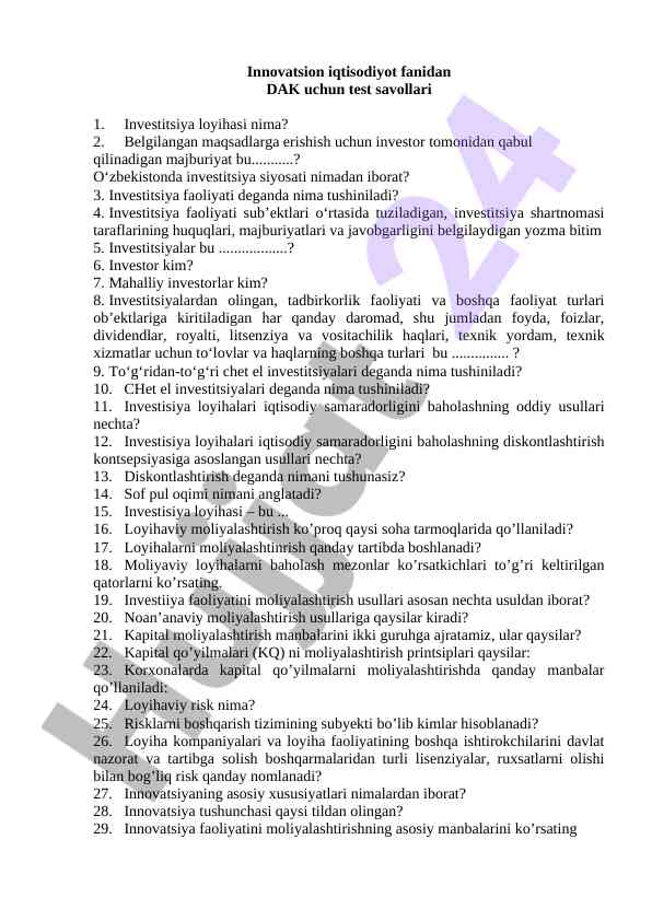 Innovatsion iqtisodiyot fanidan test savollari