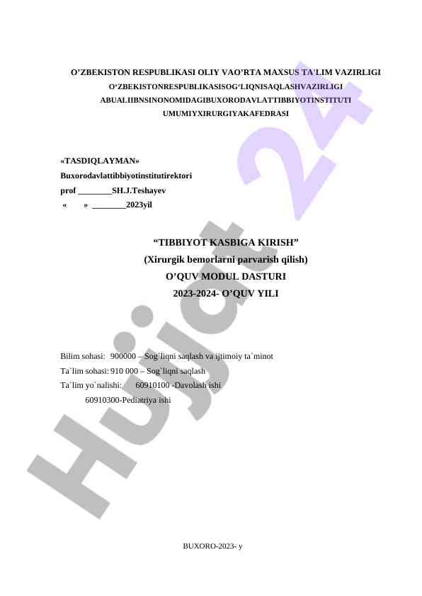 Tibbiyot kasbiga kirish o‘quv moduli dasturi 2023-2024