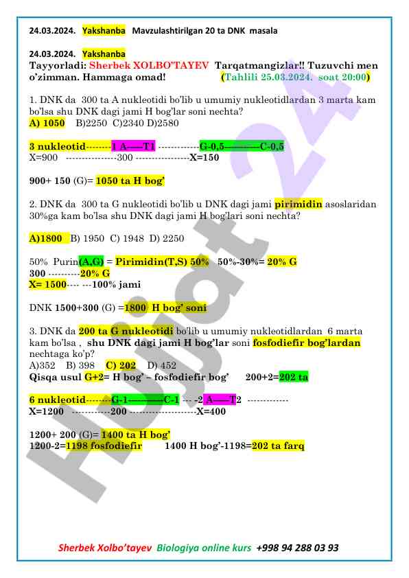 Biologiya online kursi dnk masalalari testlari