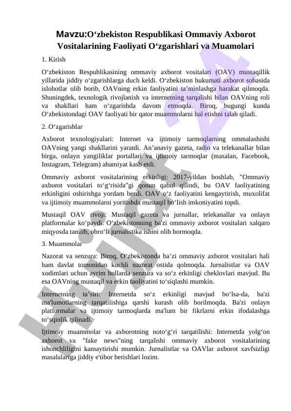 O‘zbekiston respublikasi ommaviy axborot vositalari faoliyati
