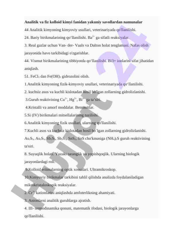 Analitik va fiz kolloid kimyisi fanidan savollar