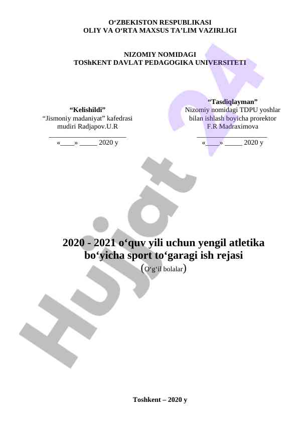 Yengil atletika sport to‘garagi ish rejasi 2020-2021