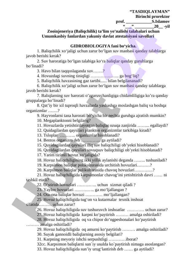 Gidrobiologiya fanidan yakuniy davlat atestatsiyasi savollari