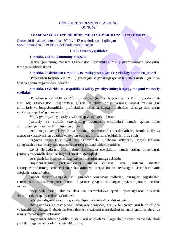 O‘zbekiston milliy gvardiyasi qonunlari tahlili