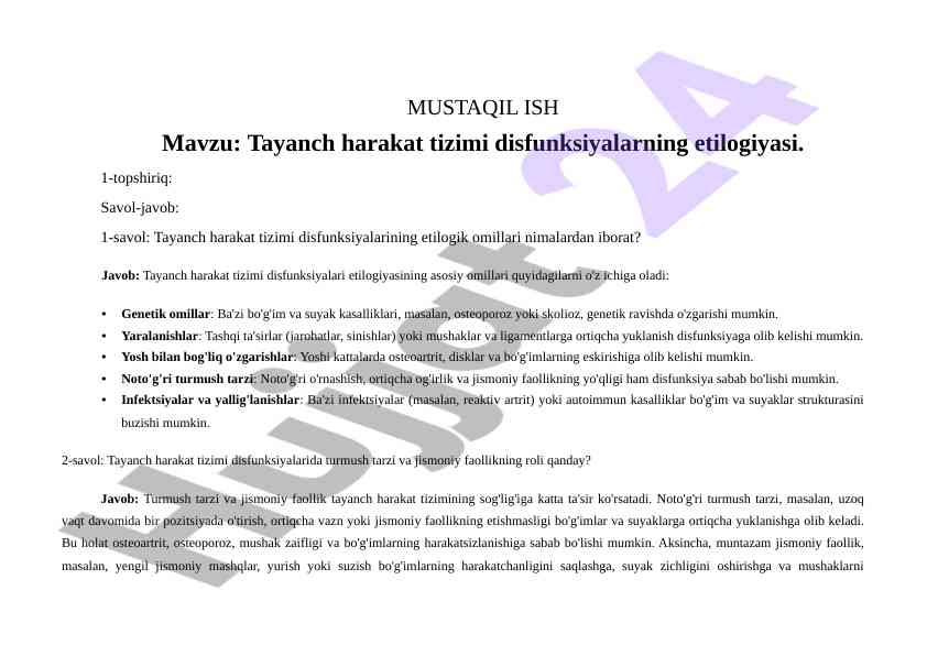 Tayanch harakat tizimi disfunksiyalari etilogiyasi