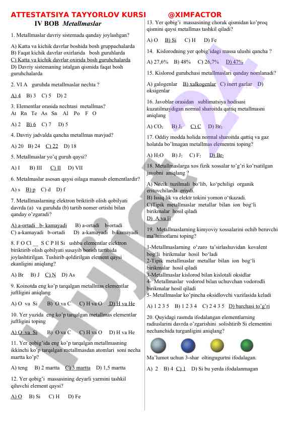 Metallmaslar bo'yicha test savollari