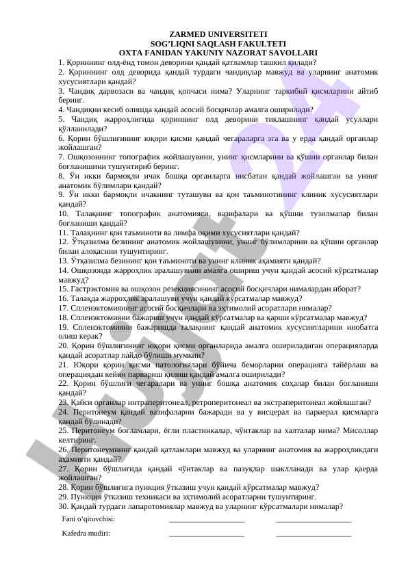 Sog’liqni saqlash fanidan nazorat savollari