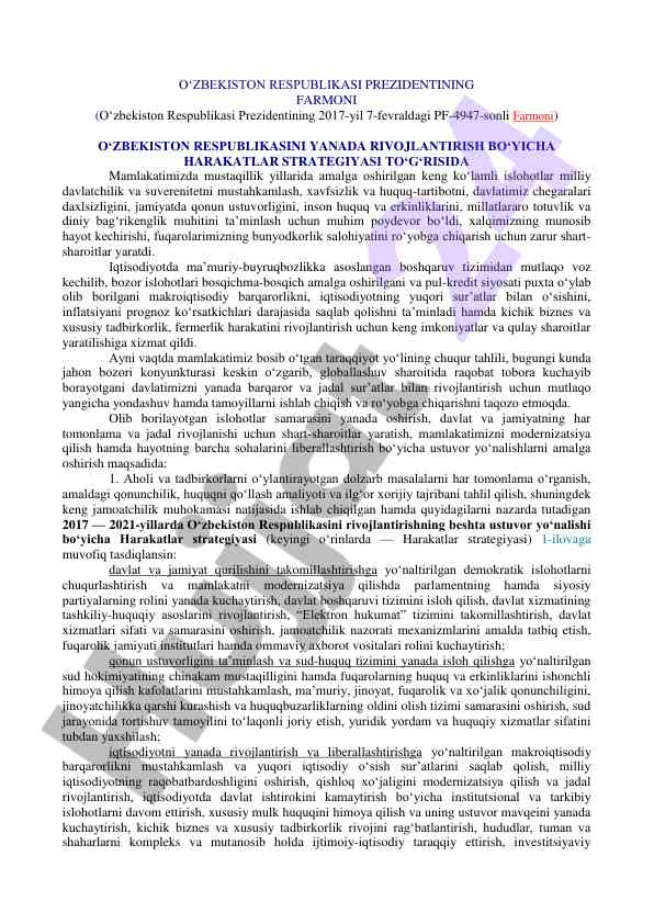 O‘zbekistonni rivojlantirish harakatlari strategiyasi