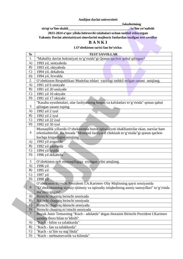 O'zbekiston tarixi test savollari 2023-2024