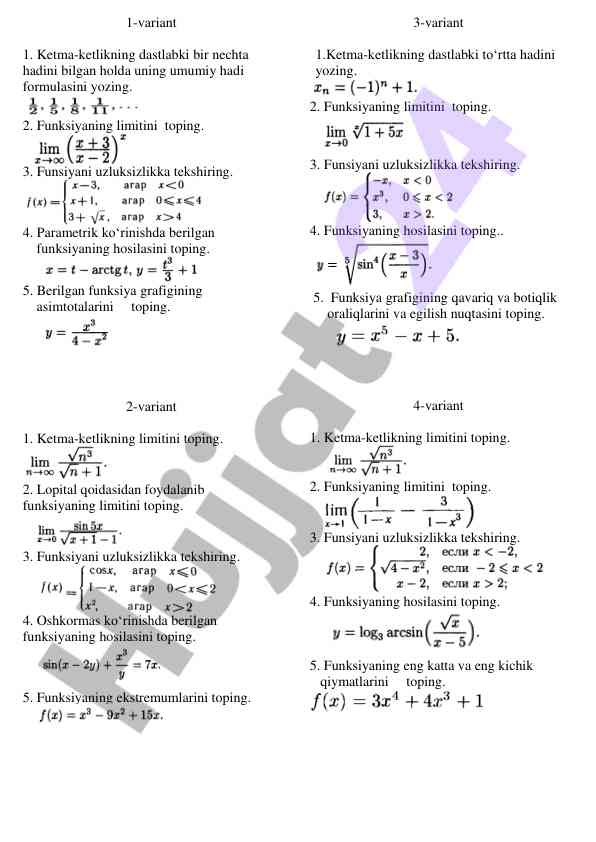 Matematika funksiyalari va limitlarni topish