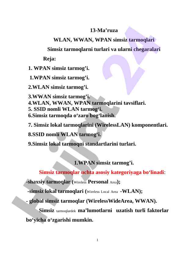 Wlan wwan wpan simsiz tarmoqlari ma’ruzasi