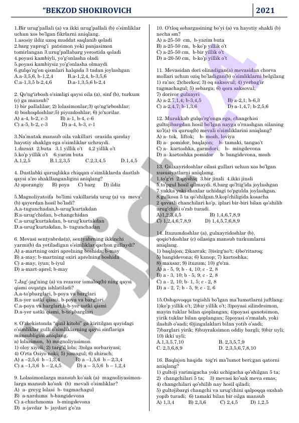 O‘simliklar va ularning tasniflashi boyicha test