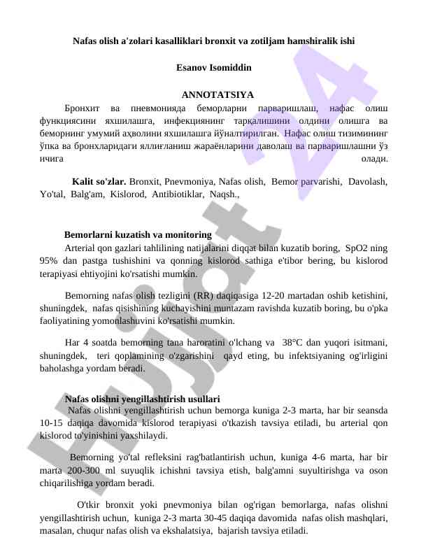 Bronxit va pnevmoniyada bemorlarni parvarishlash usullari